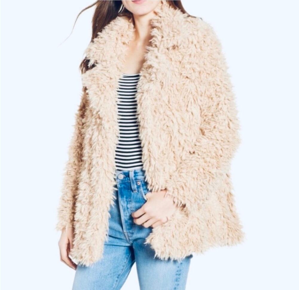 Thread + Supply Jacket Faux Fur Soft Fuzzy Teddy Bear Light Tan Sz M Pockets
